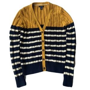 Tommy Hilfiger Sweater Sz S Button Up Thick Knit Cardigan Stripes Yellow Work